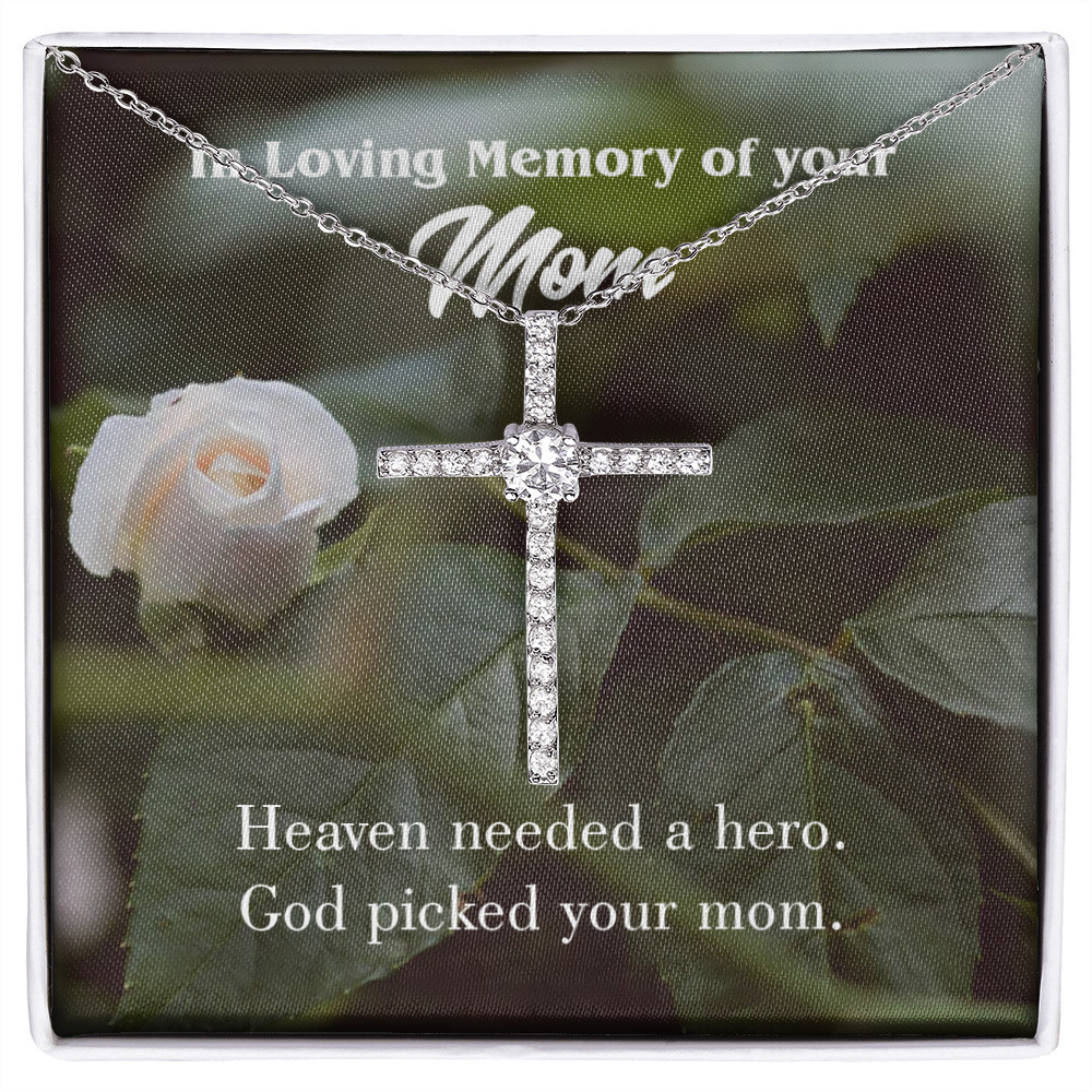 God Picked Mom Mom Remembrance CZ Cross Necklace Message Card